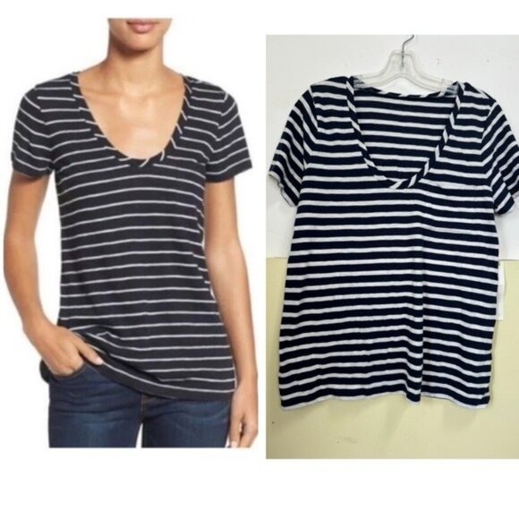 Caslon NEW Striped Cotton Modal V-Neck Pocket Boxy Shirt Top Lightweight White L - Picture 1 of 15